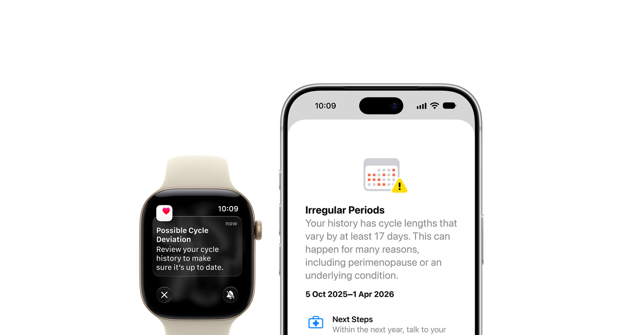 Health app Cycle Tracking update of Possible Cycle Deviation on Apple Watch Series 12 Sand Sport Band with Aluminium Light Gold case and iPhone 18 Pro