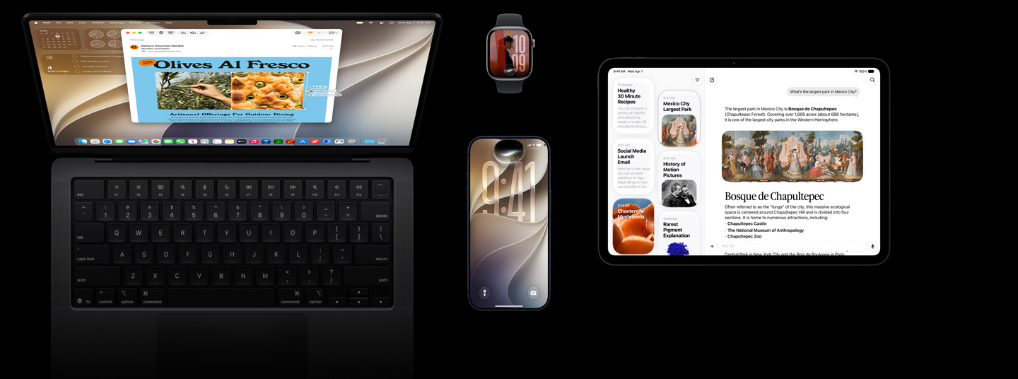 Siri AI on iOS devices, five products, iPhone 17 Pro Deep Blue, Apple Vision Pro, Apple Watch Series 11 42mm Space Gray, MacBook Pro 14-inch Space Black, and iPad Pro 11 Space Black.