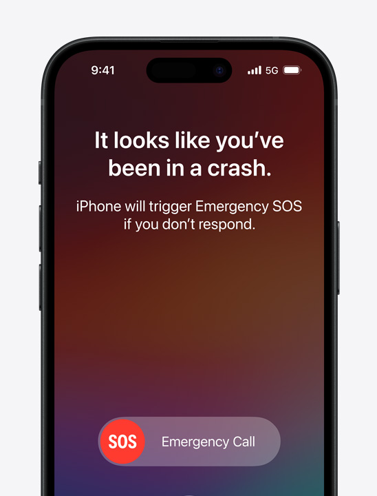 Three iPhone models displaying three different  interactions for Emergency SOS via satellite, Crash Detection, and Roadside Assistance via satellite.