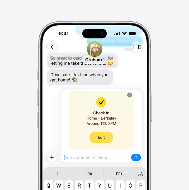 iPhone 18 Pro, front exterior, Messages app open with Check In feature notifying recipient that the sender has arrived home
