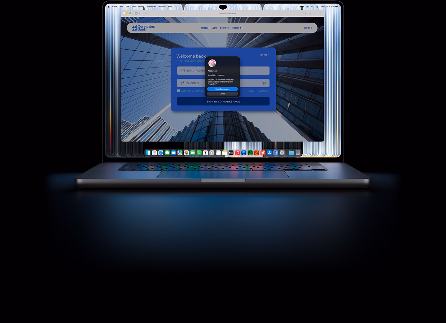 MacBook Pro with PROLED XDR Display, a small Safari window prompts a user to use Touch ID or enter credentials to log in to a website