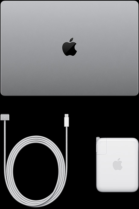 MacBook Pro with PROLED XDR Display, silver color, top, closed, USB-C charging cable and power adapter
