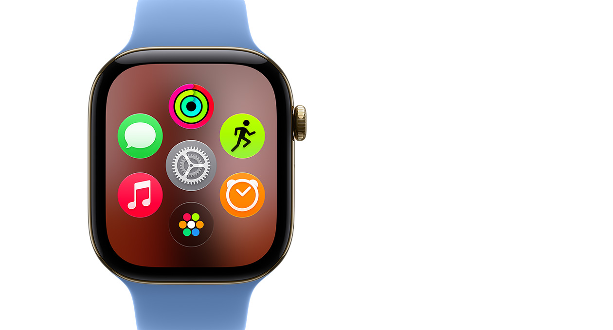 Apple Watch Series 12, Radiant Gold Titanium, showing the Dynamic app grid