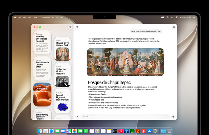 4-calowy MacBook Pro w kolorze gwiezdnej czerni, na ekranie widoczna jest aplikacja Siri, a na pasku bocznym wyświetlana jest aktywna rozmowa Siri AI oraz poprzednie rozmowy.