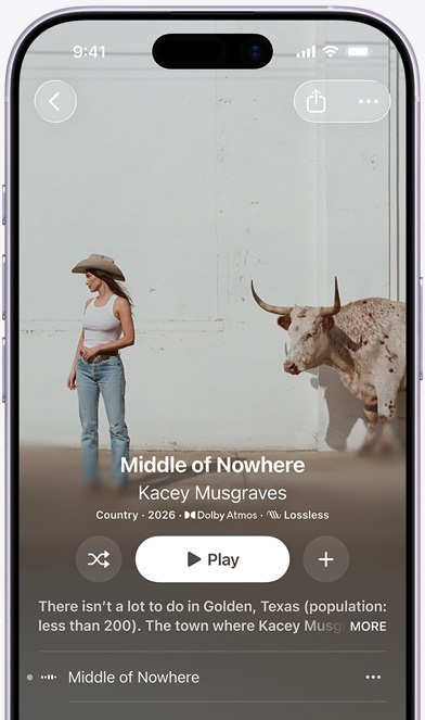 Ekran iPhone’a wyświetlający album Kacey Musgraves „Middle of Nowhere” w Apple Music.