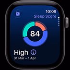 Apple Watch Series 12 z aluminiową kopertą w kolorze gwiezdnej szarości. Wyświetlacz pokazuje wykres kołowy z wynikiem snu. Na prawym boku urządzenia pokrętło Digital Crown