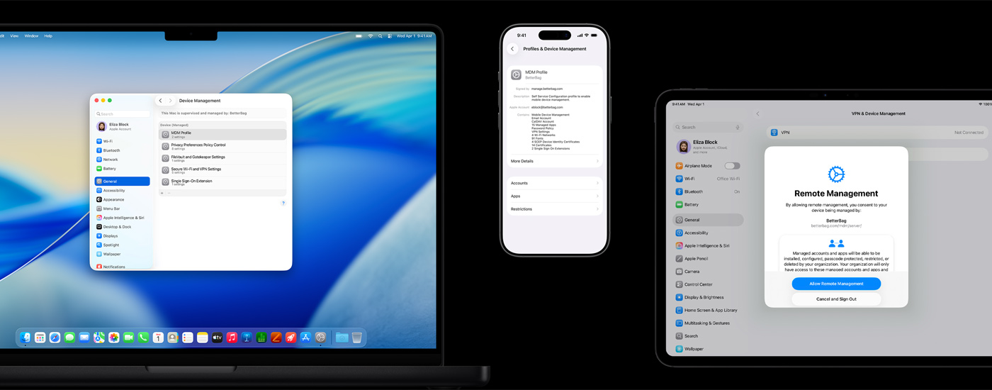 Mac i iPad wyświetlające okno Zdalnego zarządzania. iPhone wyświetlający ustawienia profilu MDM.