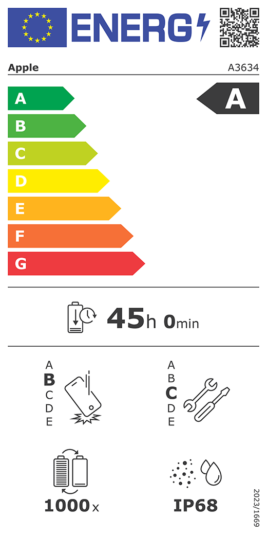 Etykieta energetyczna UE, kod QR i informacje, model Apple A3634, klasa A, klasy efektywności energetycznej (w skali od A do G), od A (najwyższa efektywność) do G (najniższa efektywność), trwałość baterii na cykl, 45 godziny i 0 minut na pełne naładowanie baterii, wytrzymałość na spadki swobodne wielokrotne klasy B, od A (największa solidność) do E (najmniejsza solidność), możliwość naprawy klasy C, od A (największa możliwość naprawy) do E (najmniejsza możliwość naprawy), trwałość baterii w cyklach 1000, ochrona przed wnikaniem pyłu i wody (IP) klasy IP68, rozporządzenie 2023/1669