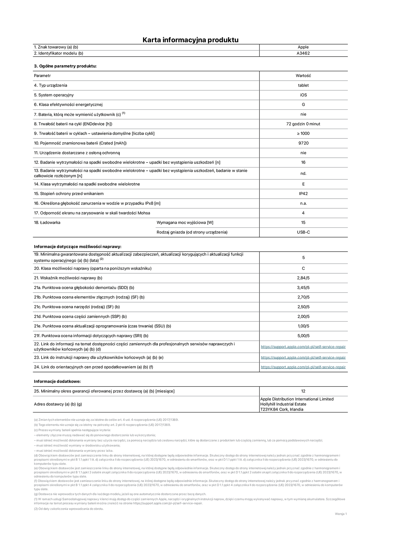 Karta informacyjna produktu dla iPada Air 13 cali (Wi‑Fi + Cellular), model A3462. Dostawca: Apple Distribution International Limited, Hollyhill Industrial Estate. Cork, Irlandia T23 YK84. Rodzaj urządzenia: tablet. System operacyjny: iOS. Klasa efektywności energetycznej: G. Możliwość wymiany baterii przez użytkownika: nie. Trwałość baterii na cykl: 72 godziny. Trwałość baterii w cyklach (liczba cykli ładowania przy domyślnych ustawieniach): większa lub równa 1000. Znamionowa pojemność baterii: 9720 miliamperogodzin. Dostarczany z nakładką ochronną: nie. Wytrzymałość na spadki swobodne wielokrotne (liczba upadków bez awarii): większa lub równa 51. Wytrzymałość na spadki swobodne wielokrotne (liczba upadków bez awarii przy całkowitym rozłożeniu urządzenia): nie dotyczy. Klasa wytrzymałości na wielokrotne upadki: E. Stopień ochrony przed wnikaniem: IP42. Określona głębokość zanurzenia w wodzie w przypadku IPx8: nie dotyczy. Odporność ekranu na zarysowania (skala twardości Mohsa): 4. Minimalna moc wyjściowa ładowarki: 15 W. Typ złącza ładowarki (przy urządzeniu): USB‑C. Minimalny gwarantowany okres dostępności aktualizacji zabezpieczeń systemu operacyjnego, poprawek i nowych funkcji: 5 lat. Klasa możliwości naprawy: C. Wskaźnik możliwości naprawy: 2,84/5. Ocena głębokości demontażu (SDD): 3,45/5. Ocena elementów złącznych: 2,70/5. Ocena narzędzi: 2,50/5. Ocena części zamiennych: 2,00/5. Ocena aktualizacji oprogramowania: 1,00/5. Ocena informacji dotyczących naprawy: 5,00/5. Link do informacji o dostępności części zamiennych dla serwisantów i użytkowników końcowych: https://support.apple.com/self-service-repair. Link do instrukcji napraw dla użytkowników końcowych: https://support.apple.com/self-service-repair. Link do orientacyjnych cen bez podatku: https://support.apple.com/self-service-repair. Obowiązuje 12‑miesięczna gwarancja ogólna.