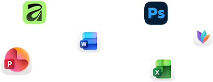 Różne ikony aplikacji unoszące się na ekranie, m.in. Microsoft Word, Adobe Photoshop, Canva i Figma