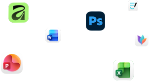 Różne ikony aplikacji unoszące się na ekranie, m.in. Microsoft Word, Adobe Photoshop, Canva i Figma