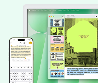 iMac i iPhone obok siebie. Tekst z aplikacji Notatki na iPhonie zostaje skopiowany i wklejony na iMacu.