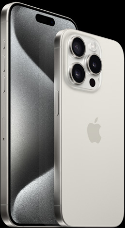 Widok przodu iPhone’a 15 Pro Max 6,7″ i widok tyłu iPhone’a 15 Pro 6,1″ w kolorze tytanu białego