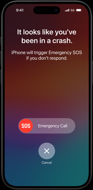 Ekran funkcji Wykrywanie wypadków przedstawiający komunikat: „Wygląda na to, że zdarzył Ci się poważny wypadek. Jeśli nie zareagujesz, iPhone zainicjuje połączenie funkcji Alarmowe SOS”.