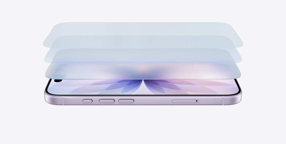 Widok z boku iPhone’a 17 w kolorze lawendy w pozycji poziomej, warstwowa grafika prezentująca Ceramic Shield 2