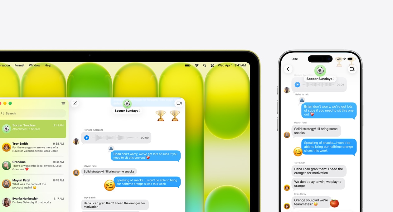 MacBook Neo, na ekranie którego widać trwającą rozmowę telefoniczną i rozmowę tekstową w apce Wiadomości, w której planowana jest grupowa wędrówka. Obok znajduje się iPhone wyświetlający tę samą rozmowę w apce Wiadomości