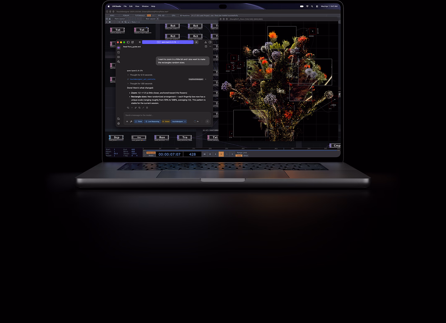 16‑calowy MacBook Pro z wyświetlaczem PROLED XDR, kolor gwiezdnej czerni, na ekranie widać obraz tworzony w aplikacji TouchDesigner i LM Studio