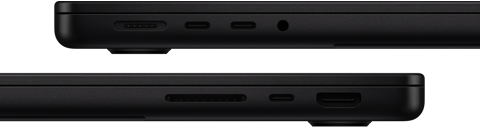 Prezentacja portów w MacBooku Pro. Z lewej strony: MagSafe, dwa porty Thunderbolt i gniazdo słuchawkowe. Z prawej strony: gniazdo na kartę SDXC, jeden port Thunderbolt i port HDMI
