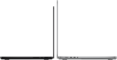 14‑calowy MacBook Pro w kolorze gwiezdnej czerni obok 16‑calowego MacBooka Pro w kolorze srebrnym