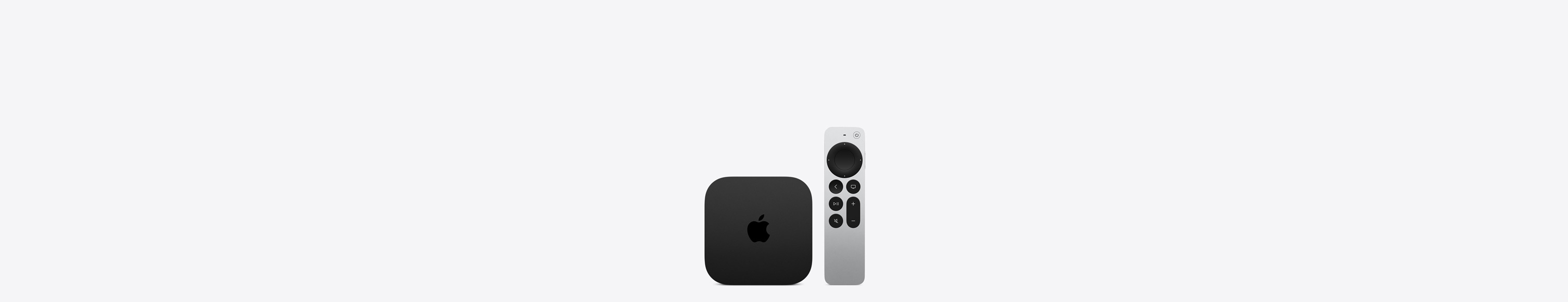 Vista frontal da Apple TV 4K, forma quadrada, cor preta, logótipo Apple na parte superior, cantos arredondados. Vista frontal do Siri Remote, clickpad circular tátil e botões em relevo