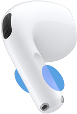 Exteriorul căștilor AirPods 5, cercuri albastre care evidențiază unde trebuie să atingi tija pentru a face ajustări de volum