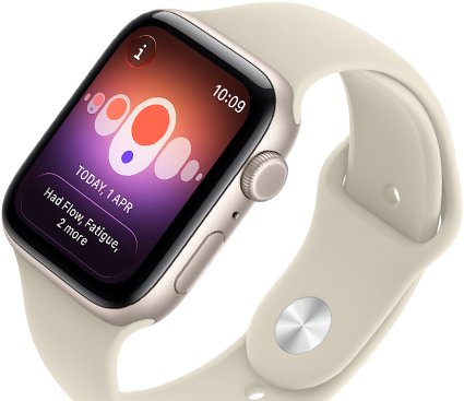 Apple Watch SE 3, carcasă din aluminiu, culoare Strălucire stelară, Urmărire ciclu cu diferite simptome menstruale, partea exterioară dreaptă, Digital Crown, buton lateral, curea Sport, culoare Nisip