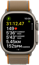 Apple Watch Ultra 4, carcasă din titan, culoare Natural, măsurători avansate de antrenament pentru Alergare afară, partea exterioară dreaptă, Digital Crown, buton lateral reliefat, brățară Montană, culoare Nisip
