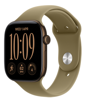 Apple Watch Series 12, carcasă din aluminiu, culoare Bronz închis, cadran modular compact, complicații: zi și dată, exercițiu Alergare, frecvență cardiacă, pregătire, partea exterioară dreaptă, Digital Crown, buton lateral, curea Sport, culoare Măslinie