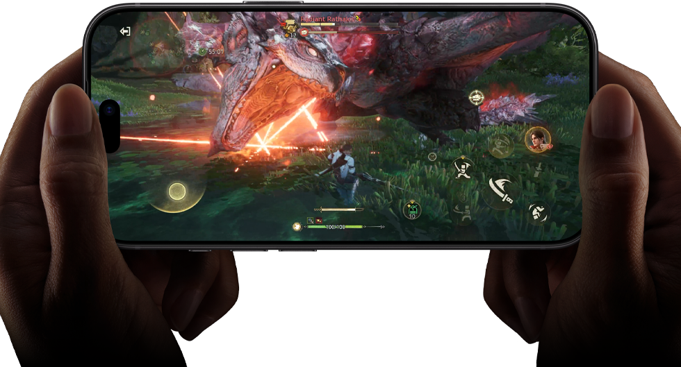 iPhone 18 Pro, exterior frontal, demonstrând capabilitățile de performanță ale cipului A20 Pro cu o scenă din Monster Hunter Outlanders