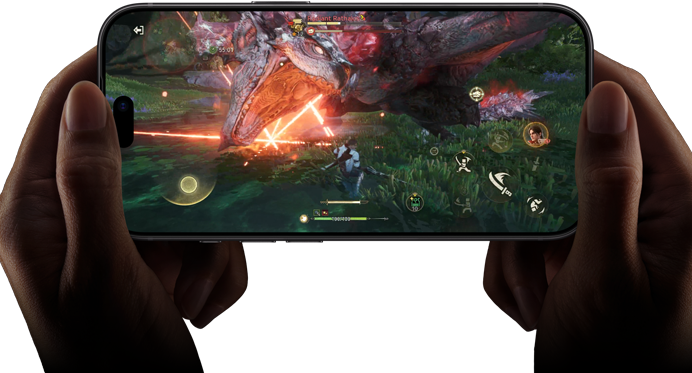 iPhone 18 Pro, exterior frontal, demonstrând capabilitățile de performanță ale cipului A20 Pro cu o scenă din Monster Hunter Outlanders
