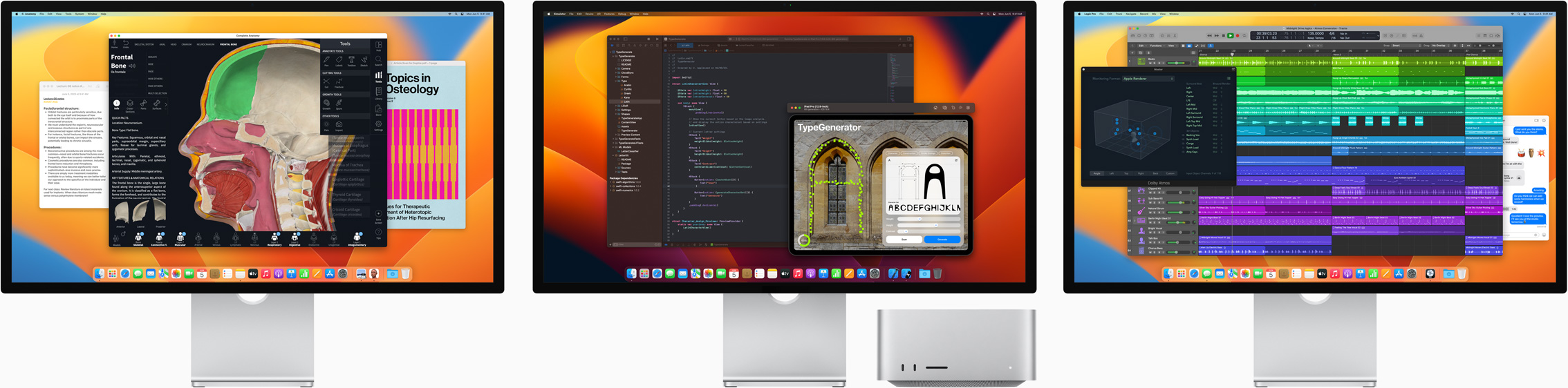 Mac Studio și trei monitoare Studio Display, toate cu diferite aplicații pe ecran