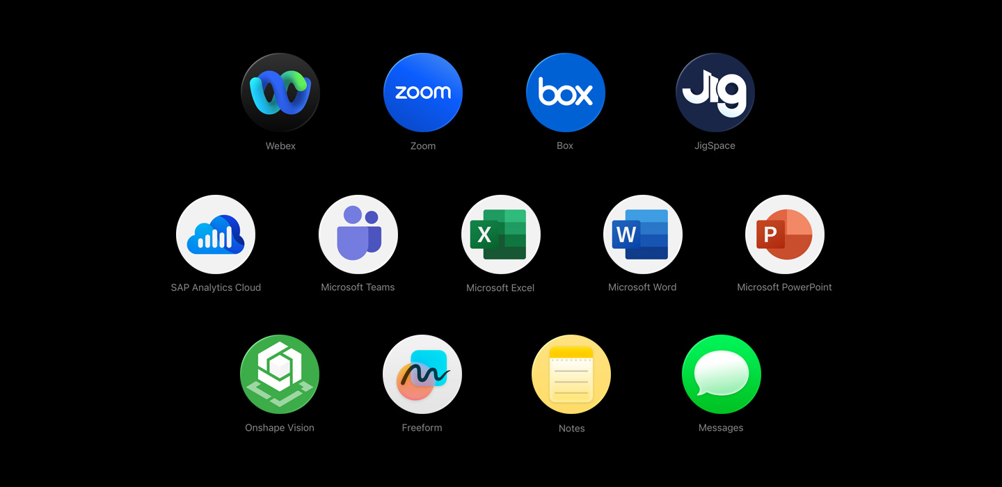 Various app icons in a scattered array, including Webex, Zoom, Box, JigSpace, SAP Analytics Cloud, Microsoft Teams, Microsoft Excel, Microsoft Word, Microsoft Powerpoint, Onshape Vision, BILT, Notes and Messages