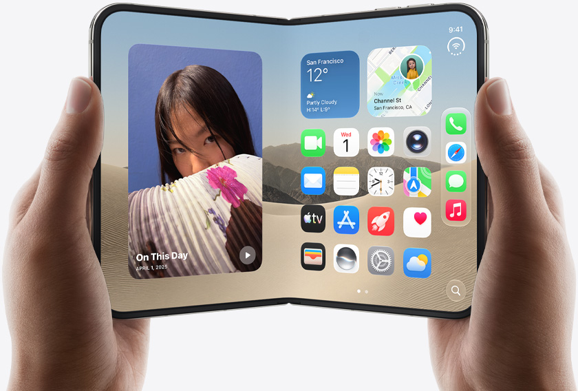 Two hands hold an open iPhone Duo, left screen displays a photo of a woman, right screen shows a home screen with various app icons, including Messages, Photos, Camera, and App Store