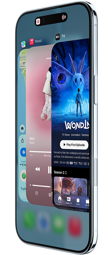 iPhone Air, front exterior, side exterior, with Maps, Music and Apple TV+ apps, showcasing the App Switcher feature in use