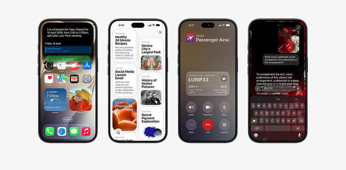 An array of iPhone 17 and iPhone 17 Pro devices each with a different screen showcasing iOS 26 and Apple Intelligence features