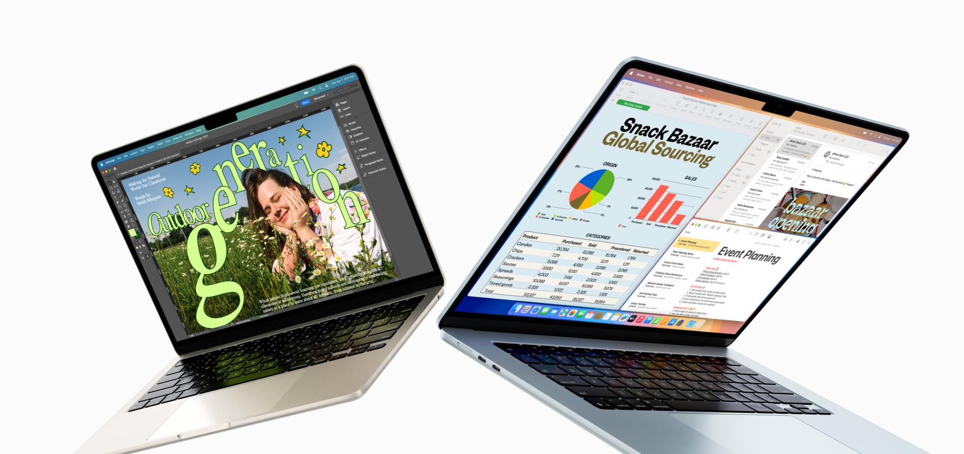 Partially open 13-inch and 15-inch MacBook Air — one screen shows design work in progress, the other shows multitasking across email and spreadsheets
