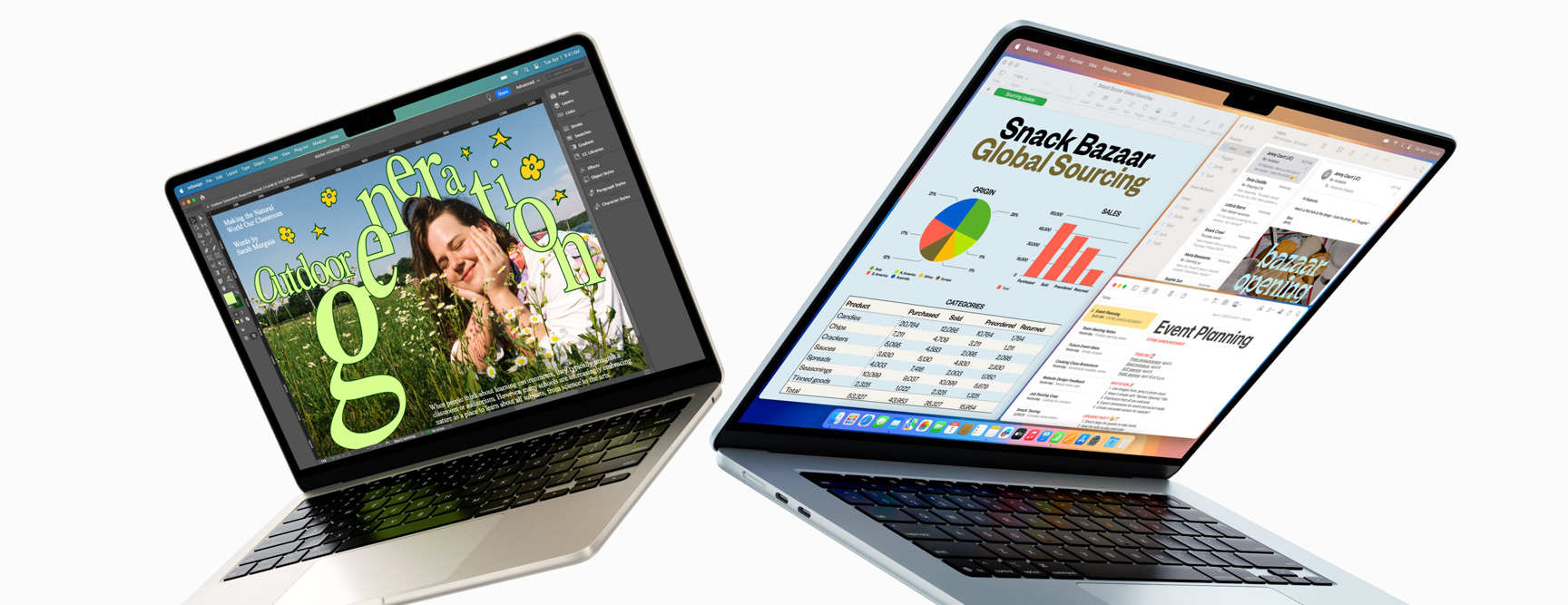 Front view of partially open 13-inch and 15-inch MacBook Air models in Silver and Starlight colours showcasing differences in display size.