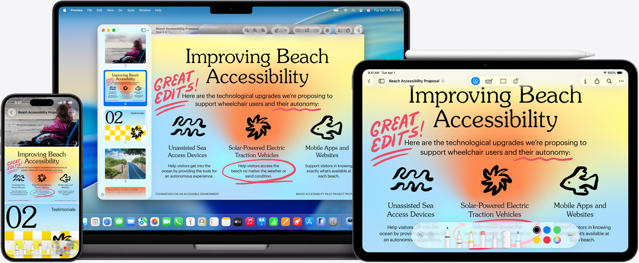 Multiple Apple devices, the same image on each device, an Apple&amp;nbsp;Pencil has been used to mark up the image on the iPad, markup reflects on the other devices