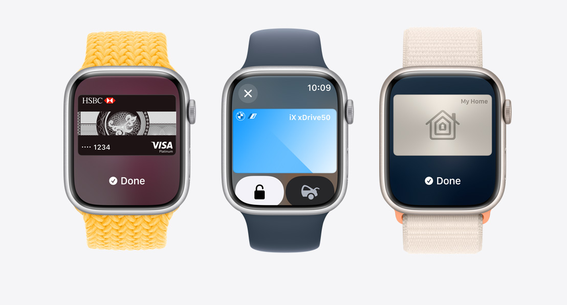 Three Apple Watch Series 9. The first shows Apple Card being used with Apple Pay. The second shows a travel card being used with the Wallet app. The third shows a home key being used through the Wallet app.