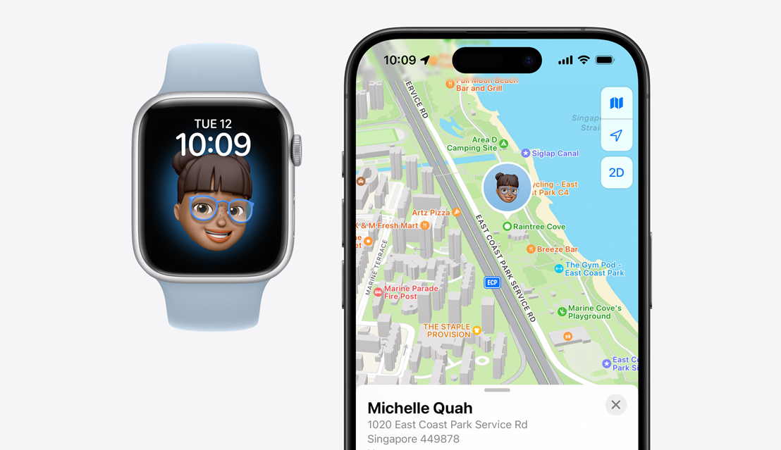 An Apple Watch Series 9 with a child’s face on it next to an iPhone 15 Pro showing the child’s location on the Find My app.