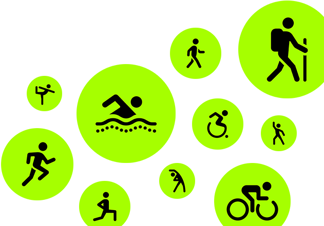 Workout icons, stick people running, walking, swimming, using wheelchair, hiking, cycling, lunging, dancing, stretching, and doing yoga