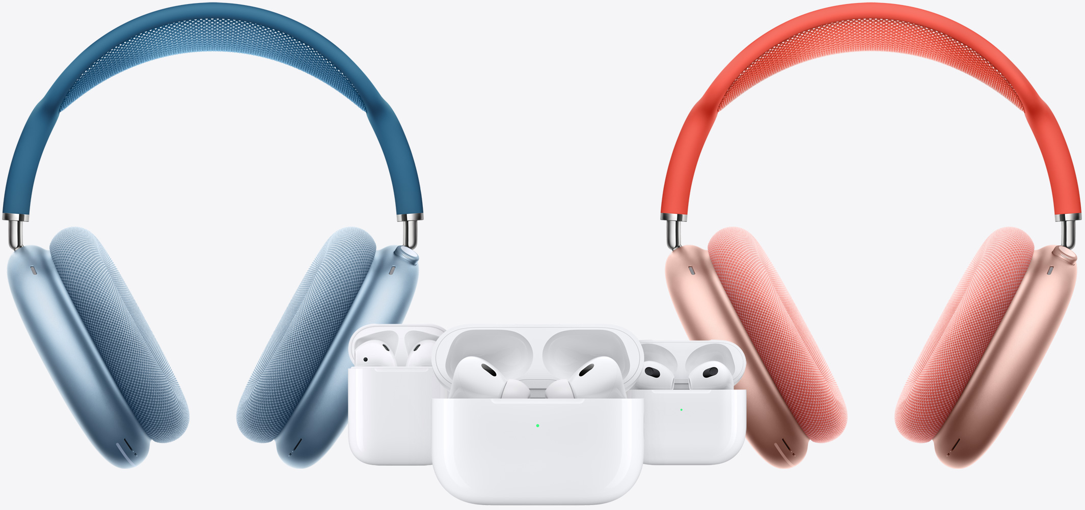 Two AirPods Max around AirPods 2nd Generation, AirPods 3rd Generation, and AirPods Pro 2nd Generation.
