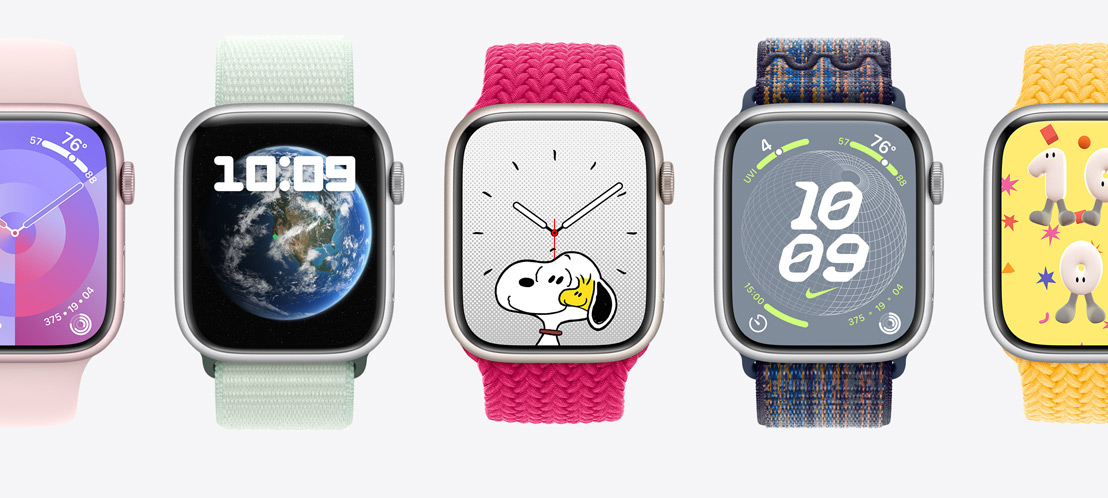 Five Apple Watch Series 9 with different watch faces. A Palette face, a Modular face, a Snoopy face, a Nike Globe face, and Playtime face.