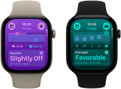 Dve zariadenia Apple Watch Series 12: kryt z hliníka v svetlozlatej farbe, hodnoty denných vitálnych funkcií vykazujú miernu odchýlku, korunka Digital Crown, športový remienok v pieskovej béžovej, kryt z hliníka v čiernej farbe, hodnoty nočných vitálnych funkcií sú priaznivé, Digital Crown, čierny športový remienok