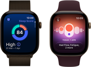Dve zariadenia Apple Watch Series 12, hliníkový kryt v tmavobronzovej farbe, kruhový graf spánkového skóre, korunka Digital Crown, milánska slučka v tmavobronzovej farbe, hliníkový kryt v svetlozlatej farbe, Sledovanie cyklu, športový remienok v burgundskej farbe
