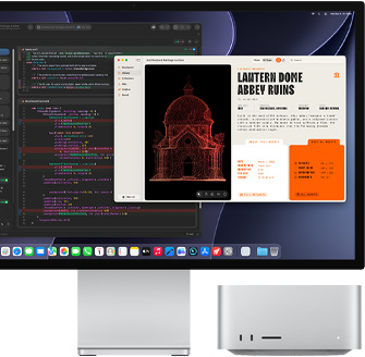 Studio Display XDR, na obrazovke rozpracovaný dokument v agentovi Claude v XCode, Mac Studio, pohľad spredu