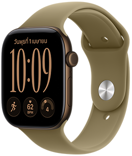 Apple Watch Series 12, aluminum case, dark bronze color, right side exterior, Digital Crown dial, microphone, side button, connected to Sport Band, olive color (earthy green), pin-and-tuck closure (silver pin)
