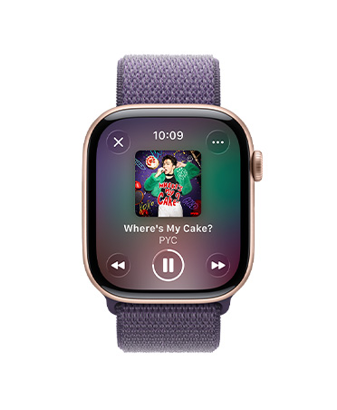 Apple Watch Series 11, สีโรสโกลด์, ตัวเรือนอะลูมิเนียม, ปุ่มควบคุมใน Apple Music, เพลย์ลิสต์ออกกำลังกาย, ภายนอกด้านขวา, Digital Crown, สาย, สายแบบ Sport Loop สีม่วงควันหมอก