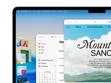 หน้าต่างและแอปต่างๆ มากมายที่แสดงอยู่บนหน้าจอ ซึ่งรวมถึง Keynote, Pages, เมล และเว็บไซต์ที่มีเนื้อหาเกี่ยวกับสถานพักผ่อนหย่อนใจที่เงียบสงบ