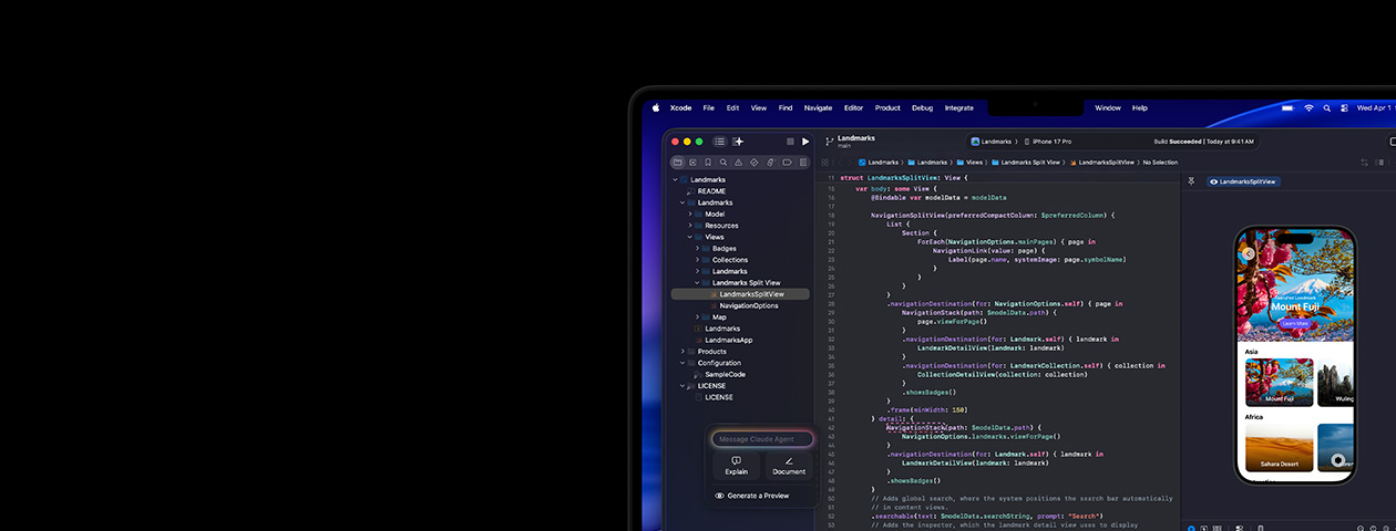 Xcode ที่กำลังทำงานบน Mac พร้อมด้วย Claude Agent ซึ่งเป็นผู้ช่วยเขียนโค้ดแบบ AI และตัวอย่างแอปบน iPhone